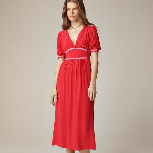 J. Crew Dresses & Skirts - J. Crew Women's Smocked-trim midi dress in crepe de chine Size 18 Vintage Red